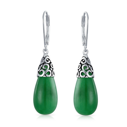Western Style Gemstone Dyed Green Jade Elongated Teardrop Filigree Lever Back Dangle Earrings For Women .925 Sterling Silver Western Style Gemstone Dyed Green Jade Elongated Teardrop Filigree Lever Back Dangle Earrings For Women .925 Sterling Silver