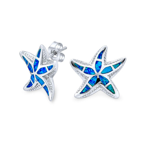 Large Nautical Hawaiian Tropical Beach Vacation Blue Inlay Created Opal Starfish Stud Earrings For Women Teens .925 Sterling Silver October Birthstone