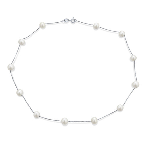 Bridal Tin Cup White Freshwater Cultured 7MM Pearl Chain Station Pearls Necklace For Women Wedding .925 Sterling Silver 18 Inch Bridal Tin Cup White Freshwater Cultured 7MM Pearl Chain Station Pearls Necklace For Women Wedding .925 Sterling Silver 18 Inch
