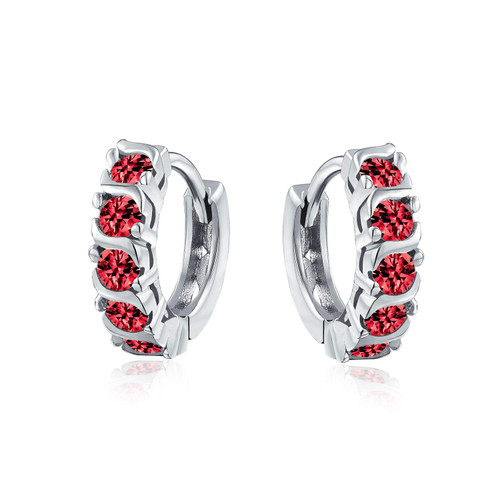 Red Wave Round Cubic Zirconia CZ Small Kpop Huggie Hoop Earrings For Women For Men Simulated Ruby Sterling Silver