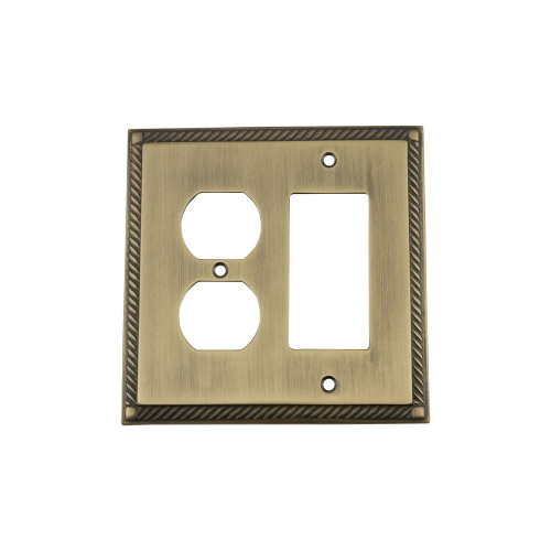 Nostalgic Warehouse 719756 Rope Switch Plate with Rocker and Outlet, Antique Brass