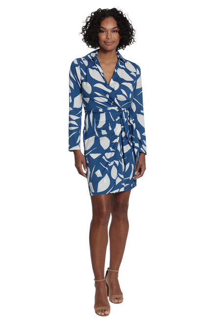 London Times Women's Plus Size Geo Printed, Above The Knee Faux Wrap Dress with Tie and Collar, Denim Blue/Soft White, 22