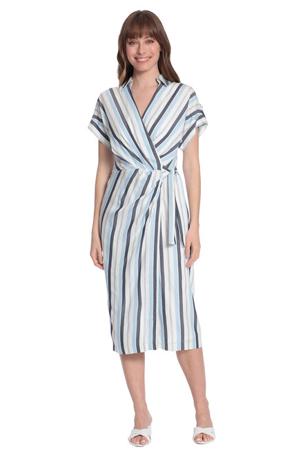 London Times Women's Striped Faux Wrap Collar V-Neck Midi Dress, Blue, 10