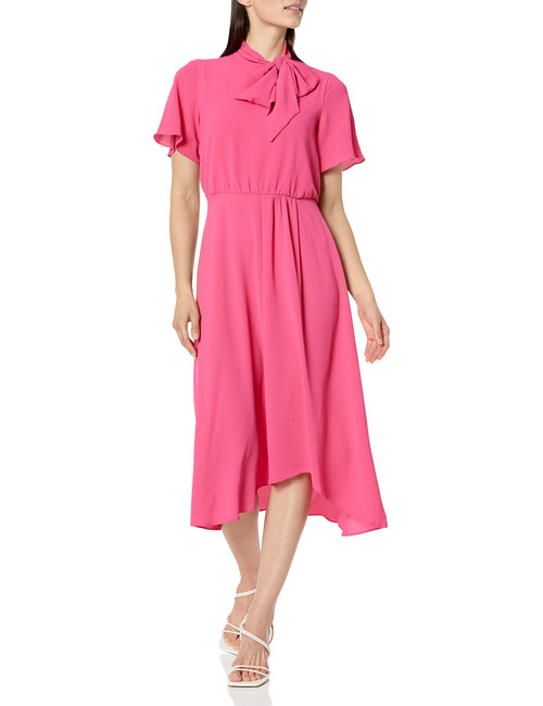 London Times Women's Flutter Sleeve Tie Neck Blouson High Low Midi Dress, Fuchsia Rose, 6