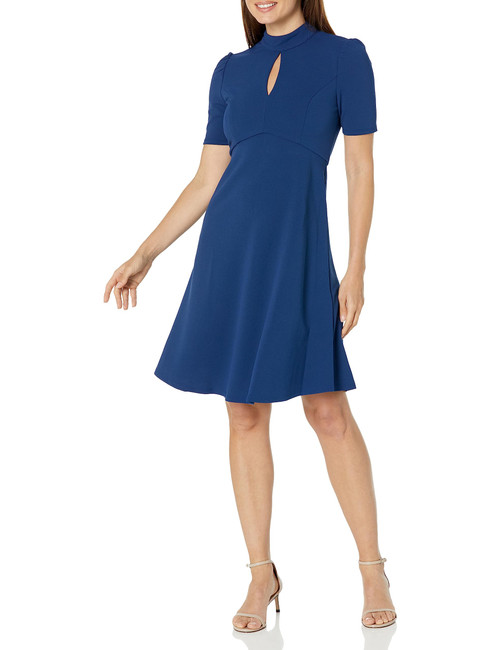 London Times Women's Plus Size Keyhole Puff Sleeve Polished Chic Flounce Hem Dress, Blue Depths, 14