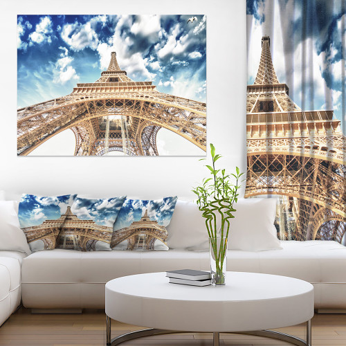 Designart PT10138-20-12 Beautiful View of Paris Eiffel Tower Under Clouds-Cityscape Canvas print-20x12, 12" H x 20" W x 1" D 1P, Blue