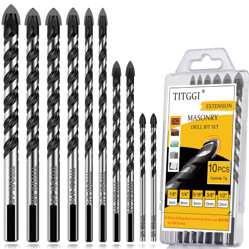 Masonry Drill Bit Set & Carbide Drill Bits, Extension Professional Drill Bit Set (10PCS) for Glass/Brick/Plastic/Cement/Wood/Tile/Etc, Industrial Strength Carbide Drill Bit Tip, 1/8"-1/2" by TITGGI