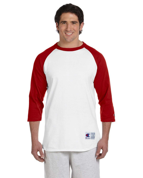 Champion Adult Raglan Baseball T-Shirt, Wht/Scarlet, X-Large