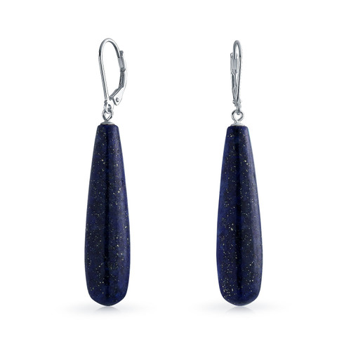 Simple Blue Lapis Lazuli Gemstone Elongated Teardrop Lever Back Dangle Earrings For Women .925 Sterling Silver Simple Blue Lapis Lazuli Gemstone Elongated Teardrop Lever Back Dangle Earrings For Women .925 Sterling Silver
