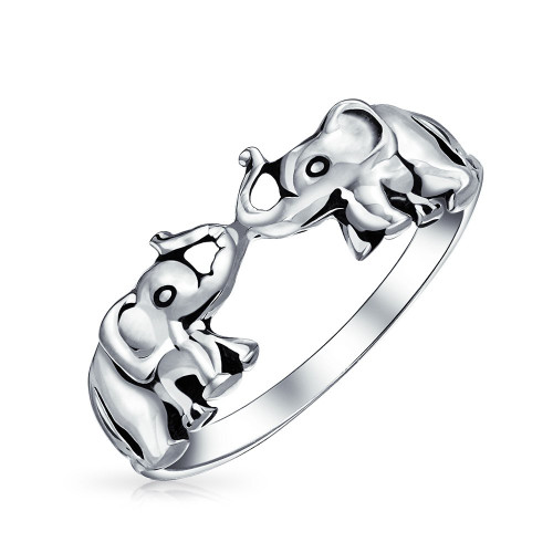 Bling Jewelry Good Luck Trunk Up Zoo Animal Two Elephants Ring For Women For Teen Oxidized .925 Sterling Silver