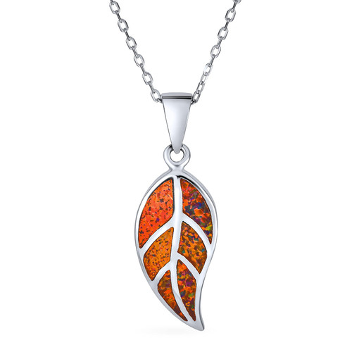 Gemstone Created Orange Brown Fire Opal Inlay Nature Leaf Pendant Necklace Western Jewelry For Women Teen .925 Sterling Silver October Birthstone