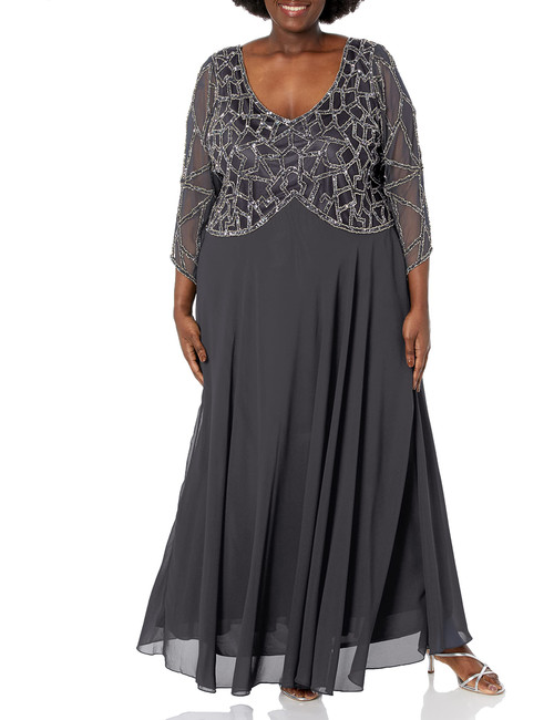 J Kara Women's Plus Size 3/4 Sleeve Geo Beaded Gown, Gray/Gun/Silver, 20W