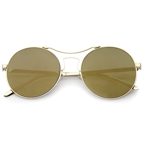 Modern Thin Metal Frame Curved Brow Bar Colored Mirror Flat Lens Round Sunglasses 55mm (Gold/Gold Mirror)