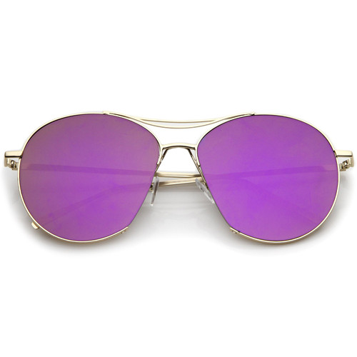Oversized Thin Metal Frame Semi-Rimless Colored Mirror Flat Lens Aviator Sunglasses 60mm (Gold/Purple Mirror)