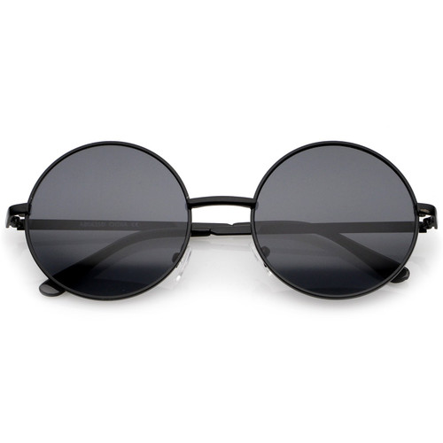 zeroUV Retro Metal Frame Slim Temple Neutral-Colored Lens Round Sunglasses 51mm (Black/Smoke)