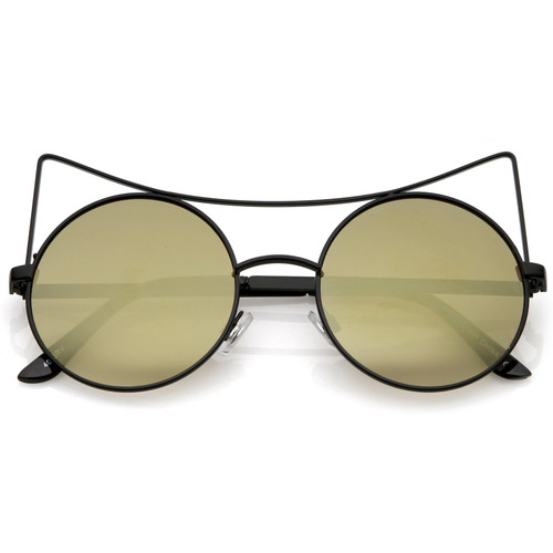 zeroUV - Women's Oversize Open Metal Mirrored Round Flat Lens Cat Eye Sunglasses 54mm (Black/Gold Mirror) zeroUV - Women's Oversize Open Metal Mirrored Round Flat Lens Cat Eye Sunglasses 54mm (Black/Gold Mirror)