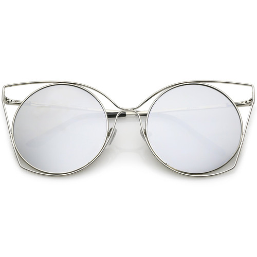 Oversize Slim Metal Cutout Flat Mirrored Round Lens Cat Eye Sunglasses 58mm (Silver/Silver Mirror) Oversize Slim Metal Cutout Flat Mirrored Round Lens Cat Eye Sunglasses 58mm (Silver/Silver Mirror)