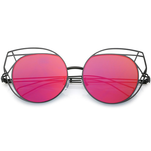 zeroUV - Geometric Cutout Thin Metal Frame Round Mirrored Flat Lens Cat Eye Sunglasses 53mm (Black/Magenta Mirror)