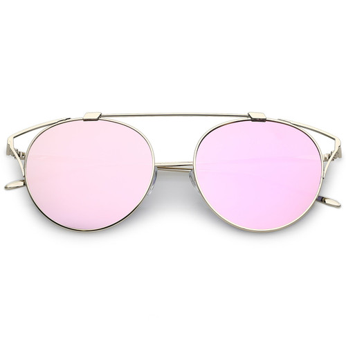 zeroUV - Modern Cutout Metal Crossbar Round Mirrored Flat Lens Cat Eye Sunglasses 55mm (Gold/Pink Mirror)