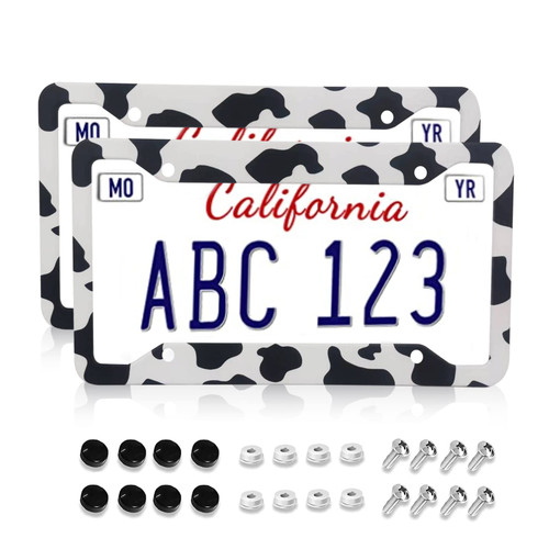 Cow Print License Plate Frame Cow License Plate Frame for Women Cow License Plate Cover Cow Tags Frames Covers Holder Stainless Aluminum Metal 2 Pack 4 Holes 2 Pcs Set Decoration for Vehicles Women