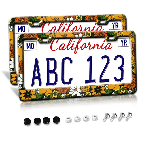 MAIJEE Cute Hippie License Plate Frame,Cute License Plate Frame for Woman,Hippie Car License Plate Frame,License Plate Frames Flowers,Hippie License Plate Holder Cover,Flower Tag Frames for Women