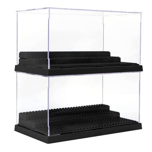 WMM Minifigure Display Case for Action Figures Blocks, Dustproof Acrylic Display Box Storage with 3 Movable Steps for Collection Models Minifigures, Bricks Blocks Toys, Black(2 Pack)