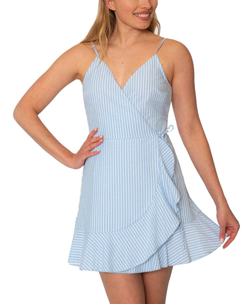 Speechless Womens Light Blue Ruffled Textured Zippered Striped Spaghetti Strap Surplice Neckline Mini Sheath Dress Juniors XS