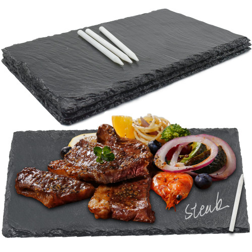 Enkrio Mini Slate Charcuterie Boards with Chalk Natural Slate Serving Tray Slate Cutting Boards Slate Cheese Board Set Slate Plates for Sushi Mat, Appetizer, Meat Set of 4 (7.8 x 11.8 In)