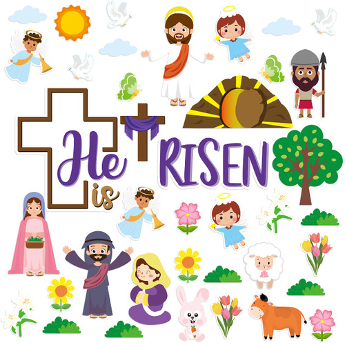 70Pcs Easter He is Risen Cutouts Bulletin Board Decoration Set, Easter Jesus Resurrection Cutouts Christian Religious Bulletin Board Decor Bible Sunday School Classroom Bulletin Board Decoration