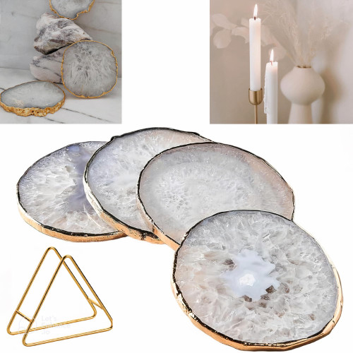 DHYz Agate Coasters - Set of 4 Geode Agate Slices Round with a Bonus Coaster Holder - Natural Agate Coaster - Blue Agate Coasters Blue Stone - Blue Slate Coasters - Geode Coaster Set (White)