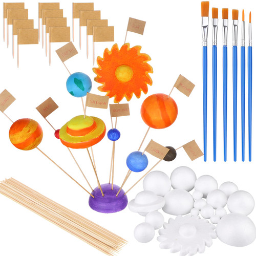 60 PCS Solar System Model Foam Ball Kit Includes 18 Mixed Sized Polystyrene Spheres Balls,18 Pieces Long Bamboo Sticks, 18 pieces Toothpick Flag, and 6 Pcs Painting Brushes for School Science Projects