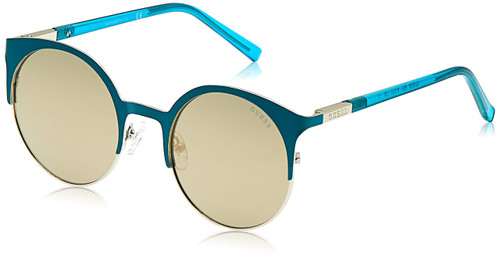 GUESS Women's Gu3036 Round Sunglasses, Turquoise & Brown Mirror, 51 mm