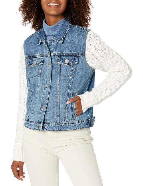 Tribal Women's Denim Jacket with Sweater Sleeves, Classic Blue, X-Small