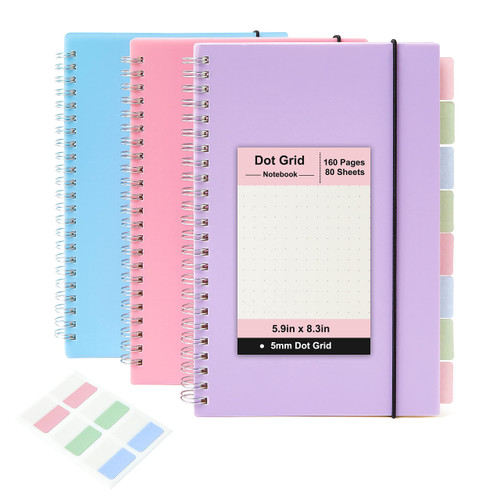 MSTONAL 3 Pack Spiral Notebook, A5 Dotted Notebook 5.8" x 8.3", 100gsm 5x5 mm Dot Paper, 80 Sheets/160 Pages, Dotted Spiral Notebooks Journals for Writing, Sketch Book