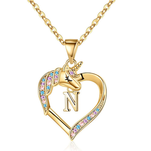 Hidepoo Unicorn Necklace for Teen Girls, 14K Gold Plated Letter N Initial Unicorn Necklace Jewelry for Teen Girls Dainty CZ Heart Pendant Unicorn Necklaces for Girls Women Unicorns Gifts for Girls
