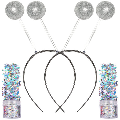 Funcredible Alien Headband with Chunky Glitter - Martian Antenna and Holographic Glitter - Halloween Cosplay Space Theme Costume Party Accessories for Women Girls Adults Kids (2 Sets) (Silver)