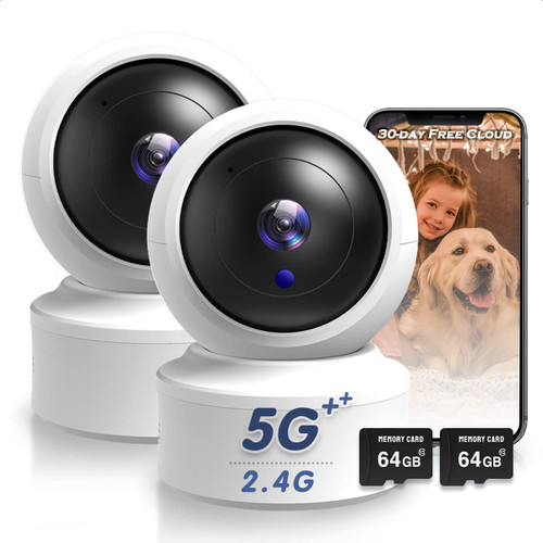 Indoor Security Camera, 2K HD Pan/Tilt Wireless Pet Camera for Baby Monitor, 5G & 2.4G WiFi Home Security Camera for Dog/Nanny, Night Vision, Siren, Compatible with Alexa (64G SD Card)