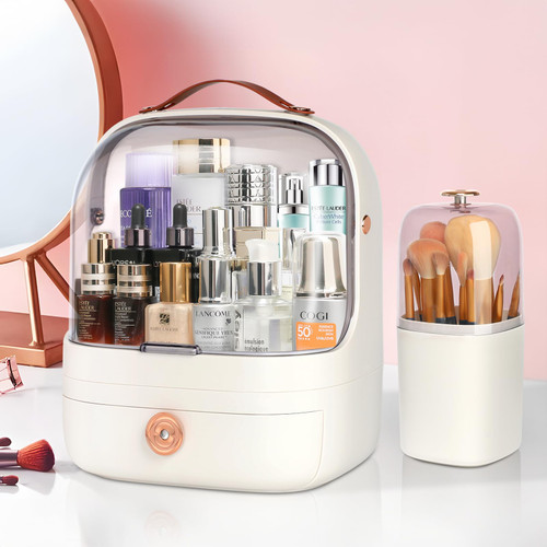 Make Up Organizers and Storage, Skincare Organizers with Brush Holder, Waterproof & Dustproof Cosmetic Display Cases, Makeup Organizer with Drawer & Lid for Vanity Bathroom Countertop Bedroom, White