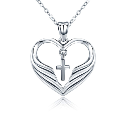 MEDWISE Religious Necklace Jewelry Cross Guardian Angel Wings Necklace Pendant Love Heart Bless Best Wishes Necklace Pendants Love and Redemption Necklace Sterling Silver S925 Gifts for Women