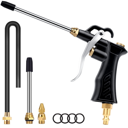 Industrial Air Blow Gun with Brass Adjustable Air Nozzle, Pneumatic Air Blower Gun with 2 pcs Steel Air Flow Extensions and Universal Blow Hose, Air Compressor Accessory Tool Dedusting Air Gun