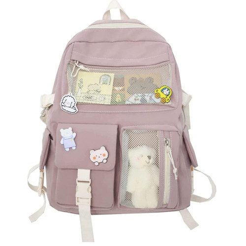 Zitouryo Girls Backpack with Cute Pin Accessories Plush Pendant Kawaii College Backpack Cute Aesthetic Backpack (Pink Backpack)