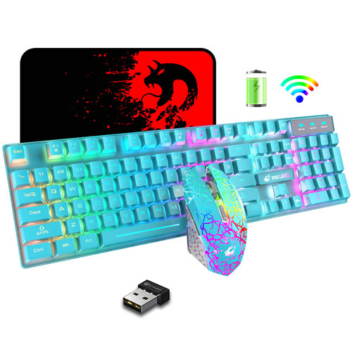 Wireless Gaming Keyboard and Mouse,Rechargeable Rainbow Backlit Keyboard Mouse with 3800mAh Battery,Mechanical Feel Gaming Keyboard,7 Color Gaming Mute Mouse,Gaming Mouse Pad for PC Gamers(Blue)