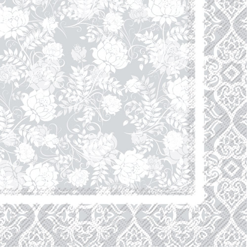 Boston International IHR 3-Ply Paper Napkins, 20-Count Lunch Size, Classic Garden Silver