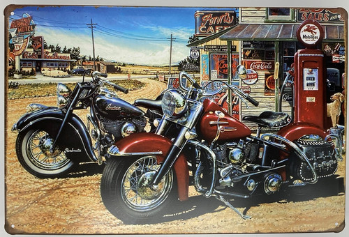 Tin Sign | Metal Poster Motorcycles at Gas Station Classic Route 66 8 x 12 in. | Wall Plaque Decoration for Home Bar Room Garage Garden Man Cave | Retro Vintage Style