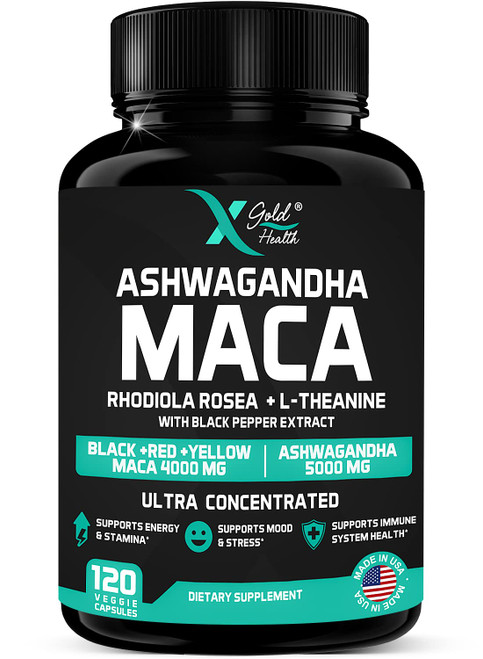 X Gold Health Ashwagandha 5,000mg + Maca Root Black, Red, Yellow 4,000mg, Rhodiola & L-Theanine: 30:1 Extract Ashwagandha Capsules, 20:1 Extract Maca Root Capsules - Supplement for Men and Women