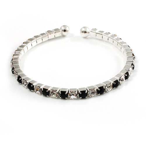 Avalaya Black & Clear Crystal Thin Flex Bangle Bracelet (Silver Tone)