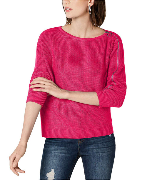 Bar III Women's Ribbed Zipper-Sleeve On or Off Shoulder Sweater (XS, Pink Red)