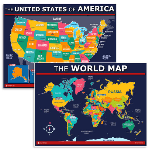 USA and World map poster 2 pack for kids Laminated blue (Updated Fixed V2.0) Young N Refined (18x24)
