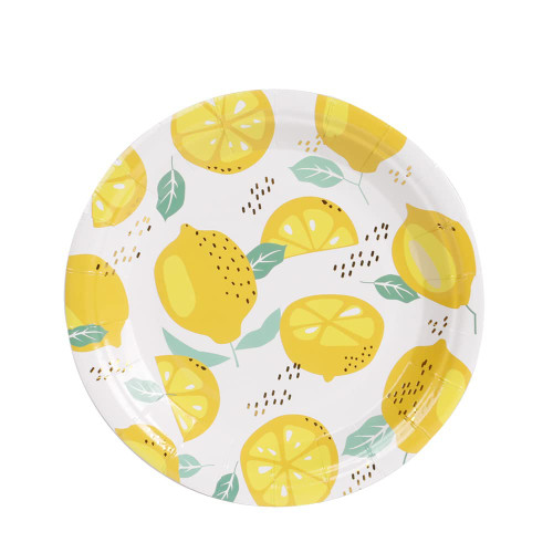 Geeklife Gold Metallic Lemon Theme Paper Party Plates, Gold Foil Disposable Dessert Plates Bulk, 7 inch Decorative Floral Fruit Plates 20pcs