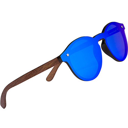 Woodies Walnut Wood Panto Shape Round Rimless Mirrored Sunglasses | Flat Blue Polarized Lens | 100% UVA/UVB Ray Protection